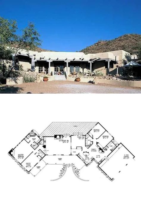 Classic Stucco Adobe-Style House Plan with Southwestern Charm Adobe House Interior Design, Adobe House Interior, Modern Adobe House, Adobe House Plans, Adobe Style Homes, Southwestern House Plans, Southwestern House, Modern Adobe, Courtyard House Plans