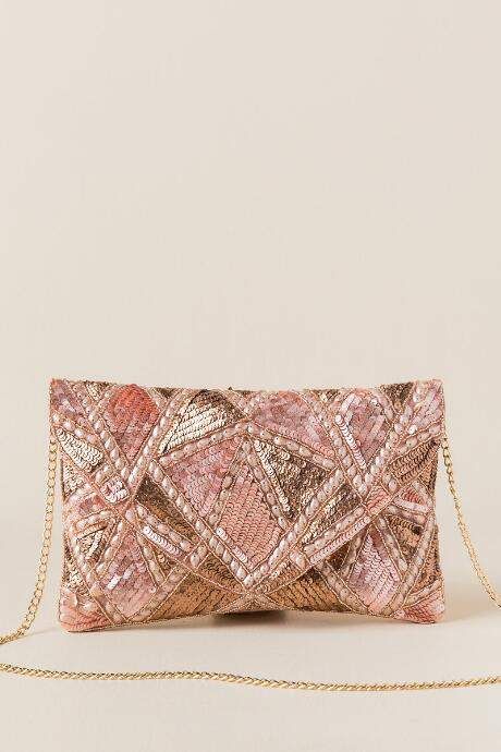 Francesca's Dakota Sequin Patchwork Clutch - Rose/Gold Embroidery Purse, Rose Gold Clutch Bag, Beaded Clutch Purse, Fancy Clutch Purse, Rose Gold Clutch, Patchwork Clutch, Bridal Clutches, Embroidered Clutch Bag, Fancy Clutch