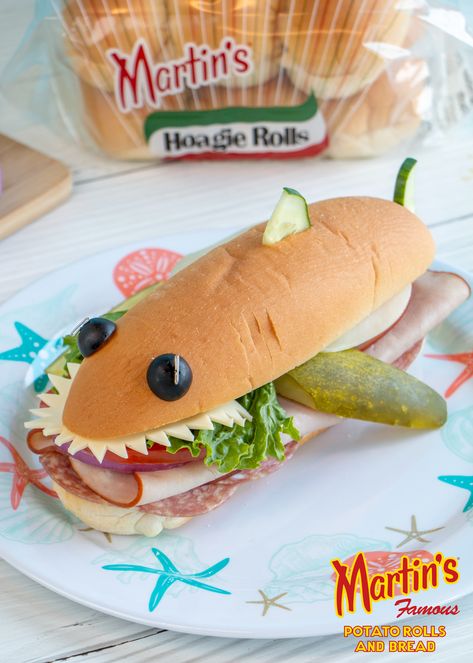 Shark Week Food, Shark Week Recipes, Shark Party Ideas, Shark Snacks, Submarine Sandwich, Shark Week Party, Cold Cut, Potato Rolls, Shark Themed Birthday Party