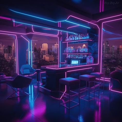 Neon House Exterior, Night Bar Interior Design, Cyberpunk House Exterior, Vaporwave Room Decor, Cyberpunk Store, Dark Neon Aesthetic, Socials Aesthetic, Futuristic Lounge, Cyberpunk Bar