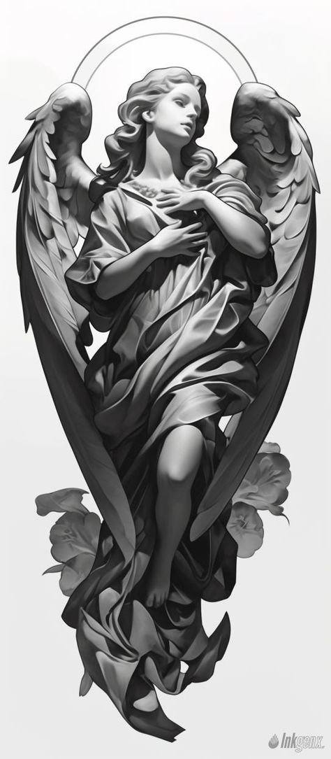 Full Body Statue, Tatto Print, Heavenly Angels Art, Body Statue, Archangel Tattoo, Tattoo Lettering Styles, Statue Tattoo, Art Zine, Chicano Art Tattoos