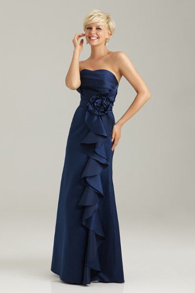 Elegant, navy satin bridesmaid dress features a crumb-cather bodice with a floral accent and cascading ruffles along the A-line silhouette by @allurebridals Allure Bridesmaid Dresses, Taffeta Bridesmaid Dress, Navy Blue Bridesmaid Dresses, Frosé, Blue Bridesmaid Dress, Navy Bridesmaid Dresses, Bridesmaid Dress Styles, Bridal Bridesmaid Dresses, Satin Bridesmaid Dresses