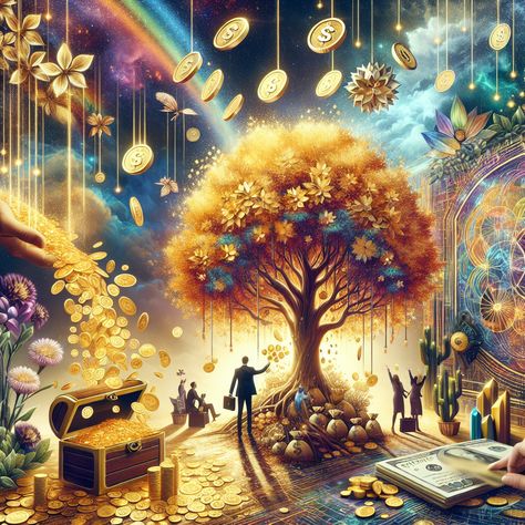 Experience the energy of wealth manifestation in a vibrant image. A money tree with golden leaves, an overflowing treasure chest, and a gold coin rain symbolize abundance. Joyful people celebrate under prosperity crystals amidst a glowing universe. #WealthManifestation #LawOfAttraction #ProsperityCrystals #VisionBoards #Abundance #MoneyTree. Learn more at the link. Money Tree Painting, Prosperity Crystals, Archangel Ariel, Joyful People, Wealth Manifestation, Manifesting Wealth, Manifesting Abundance, Gold Money, Money Tree