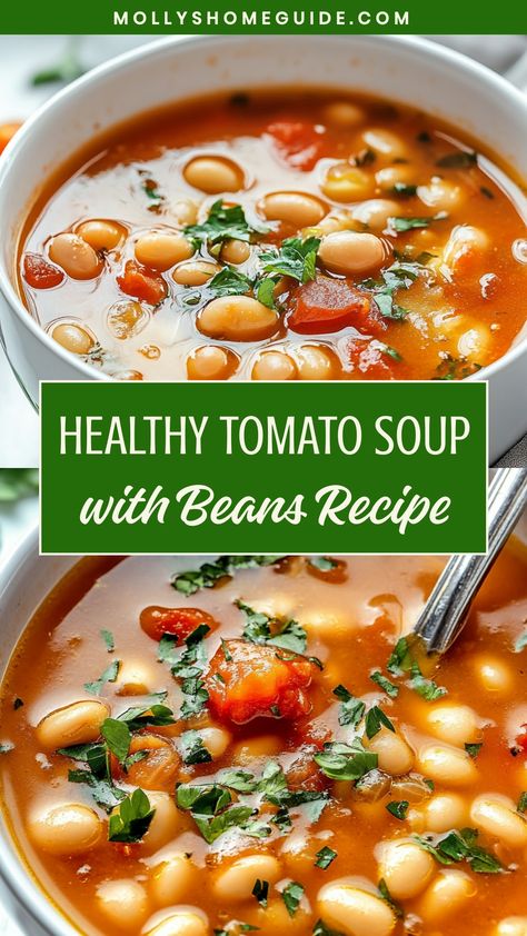 Experience the ultimate comfort food with our hearty tomato soup with beans recipe. This delicious and nutritious dish is perfect for a cozy dinner or a warming lunch. Packed with flavor and protein, this soup will satisfy your cravings and keep you fuller for longer. Try making it from scratch at home today for a truly satisfying meal that the whole family will love. Mediterranean Diet Tomato Soup, Tomato Soup And Noodles, Healthy Tomato Soup Recipes, Tomato Bean Soup, Tomato Noodle Soup, Hearty Tomato Soup, Healthy Tomato Soup, Soup With Beans, Tomato Lentil Soup