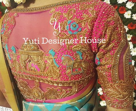 Beautiful Bride swaying like a flower in the palanquin. Pink palanquin bridal blouse by YUTI. Delivered in 2DAYS only at YUTI. For Orders and Queries reach us at 044-42179088 or whatsapp:7010905260 Address: 28, Moosa street, TNagar, Chennai. #southindianbride #indianbridal #floral #bridal #pearlsandstones #sequins #annaparavai #palanquin #zari #zardosiembroidery #indianbridal #instafashion #indianwedding #indiandesigner #intricatedesign #bridal #southindianbridal #southindianwedding #tamilbride Golden Blouse Designs, Exclusive Blouse Designs, Saree Jacket Designs, Magam Work, Maggam Blouse, Golden Blouse, Netted Blouse Designs, Aari Design, Designer House