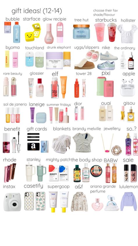 for 10-15 girl or kids #preppy #lululemon #skincare #bubble #soldejanerio #starface #glowrecpie #treehut #starbucks #hollister #byoma #touchland #drunkelephant #uggs #nike #theordinary #rarebeauty #glossier #elf #tower28 #pixi #apple #laneige #summerfridays #dior #ouai #gisou #benefit #stanley #rhode #mightypatch #saie #supergoop Skincare For Kids, Skincare Bubble, Preppy Wishlist, Preppy Lululemon, Making A Gift Basket, Drunk Elephant Skincare, Road Trip Packing, Sleepover Activities, What To Draw