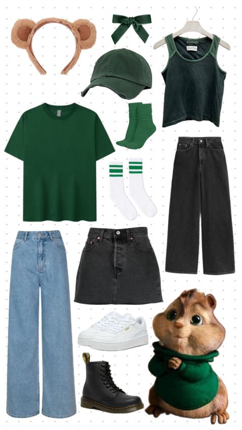 Collage style mood-board for a Theodore from Alvin and the Chipmunks costume. Includes chipmunk ears, green hat, green tshirt, green tank top, green sock, black jeans, black skirt and white shoes Theodore Chipmunk Costume, Theodore Chipmunk, Chipmunk Costume, The Chipmunks Costume, Alvin And The Chipmunks Costume, Chipmunks Costume, Alvin And The Chipmunks, Halloween Costume Outfits, Costume Outfits