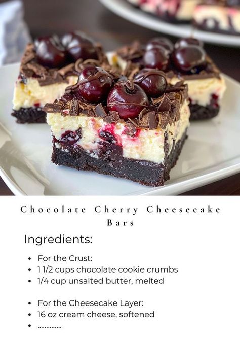 Tasty Cooking - easy & yummy | These Chocolate Cherry Cheesecake Bars are the ultimate treat | Facebook No Bake Triple Chocolate Cheesecake Bars, Chocolate Cherry Cheesecake Bars, Dessert For Large Group, Cherry Cheesecake Bars, Chocolate Cherry Cheesecake, Chocolate Cheesecake Bars, Chocolate Chip Cheesecake Bars, Triple Chocolate Cheesecake, Cherry Topping