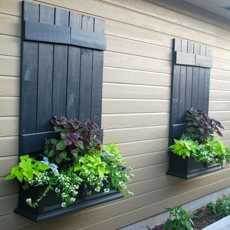 Not best example but had a mad idea to use old shutters on the road facing gable upstairs instead of actual windows?  Break up elevation & introduce different texture/colour cheaply Fake Window, Balcony Decoration, Window Box Flowers, Faux Window, Vintage Window, Old Shutters, Pallet Planter, Shutters Exterior, Window Shutters