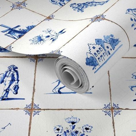 Delft tile large scale | Spoonflower Delft Blue Wallpaper, Delft Kitchen Ideas, Delft Tile Kitchen, Diy Delft Tile, Sw Delft, Delft Tile Backsplash, Delft Tiles Kitchen, Delft Wallpaper, Christmas Cookies Boxes Ideas