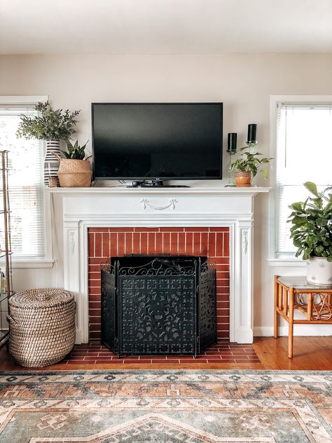 Above Fireplace Decor With Tv, How To Decorate Fireplace With Tv, Decorate A Mantle With A Tv, Tv Sitting On Mantle, Plants On Mantle With Tv, Boho Mantle Decor With Tv, Decorating Fireplace Mantel With Tv, Simple Mantel Decorating Ideas With Tv, Small Mantle Decor With Tv