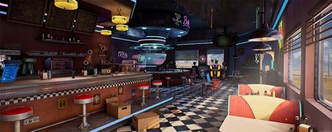 ArtStation - Diner 50', Stanislav Vovchuk Retro Diner Kitchen, Scifi Aesthetic, Diner Kitchen, Sci Fi Aesthetic, Sci Fi Environment, Cycle Car, Retro Diner, American Diner, Restaurant Concept