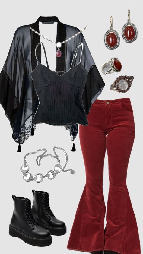 Whimsigoth outfit #outfitinspo #whimsigoth #whimsical #whimsy Alternative Outfits Inspiration, Whimsigoth Outfits With Pants, Whimsy Goth Clothes, Whimsy Goth Fashion, Bohemian Grunge Outfits, Whimsygoth Clothes, Whimsical Outfit Ideas, Wimsey Goth Outfit, Winter Whimsigoth Outfits