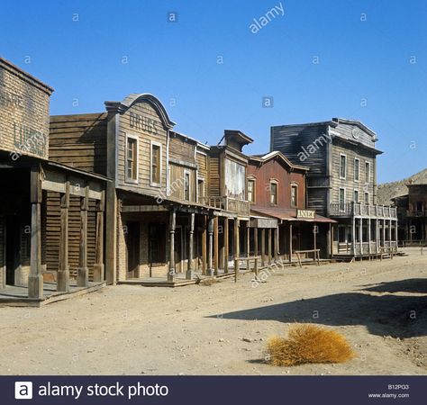 Wild West town built as a film set for some of the early Spaghetti Westerns at Tabernas inland from Almeria south east of Spain Stock Photo Western Buildings, Wild West Town, Cowboy Town, Western Spaghetti, Contemporary Rustic Decor, Old Western Towns, Old West Photos, Old West Town, Planet Coaster