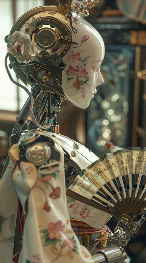 Prompt 👉Japanese porcelain robot with a traditional fan in hand, made in light colors with traditional floral patterns, close-up. The setting is an ornate museum hall filled with various mechanical sculptures and vintage electronic equipment. The mood should be mysterious yet elegant, reflecting the essence of futuristic craftsmanship and historical beauty in the style of photography. 👉 if Like, please Follow and Share AI Graphics Studio 👇Contact on WhatsAPP: http://tiny.cc/aigraphicsstudio ... Porcelain Robot Concept Art, Identity Sculpture, Robotic Aesthetic, Porcelain Warforged, Porcelain Robot, Porcelain Aesthetic, Futuristic Vintage, Random Reference, Be Mysterious