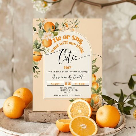 Little cutie gender reveal invitation  $2.87 by JermolinaArtLTD Cutie Gender Reveal, Twin Baby Shower Decorations, Twin Baby Shower Theme, Twin Boys Baby Shower, Cutie Is On The Way, Citrus Baby, Classy Baby Shower, Twins Baby Shower Invitations, Orange Baby Shower