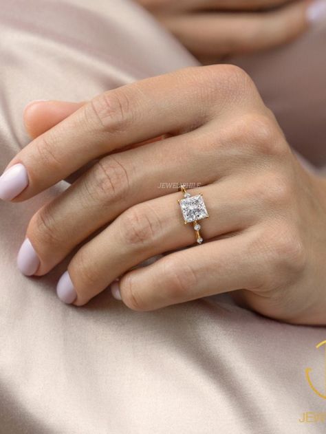 2 CT Princess Cut Moissanite Ring, Engagement Ring, Solitaire With Accents Ring, Hidden Halo Ring, Low Metal Weight Gold Ring, Diamond Ring, Wedding Ring, Anniversary Ring, Gift For Her Cushion Cut Solitaire, Elongated Cushion Cut, Engagement Rings Sale, Princess Cut Moissanite, Cushion Cut Moissanite, Emerald Cut Moissanite, Cvd Diamond, Pave Engagement Ring, Types Of Diamonds