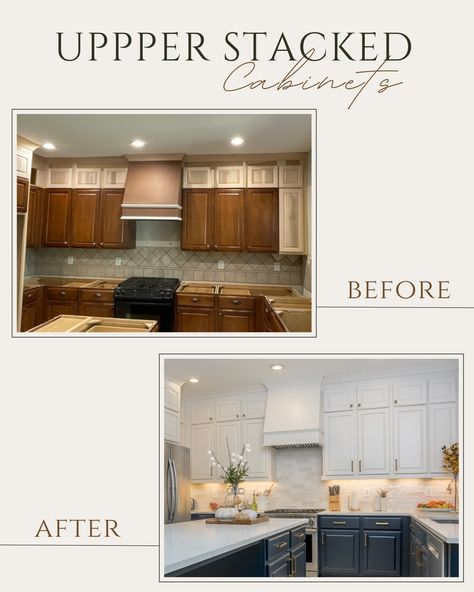 𝙐𝙥𝙥𝙚𝙧 𝙎𝙩𝙖𝙘𝙠𝙚𝙙 𝘾𝙖𝙗𝙞𝙣𝙚𝙩𝙨 - Adding stacked upper cabinets on top of existing cabinets have many advantages: ☞ Provides extra storage space ☞ Draws the eyes up, giving the illusion of a larger space ☞ Cost-effective, adding value to what is already there ☞ Increase home value 🏠️ #upperstackedcabinets #ceilingcabinets #kitchencabinets #designtips #beforeandafter #kitchenbeforeandafter #kitchenremodel #Kitchenreno Extend Top Of Kitchen Cabinets, Adding Uppers To Kitchen Cabinets, Adding Lower Cabinets To Existing Kitchen, Added Upper Kitchen Cabinets, Adding To Top Of Kitchen Cabinets, Adding Top Cabinets To Existing Cabinets, Short Upper Kitchen Cabinets, Two Different Cabinet Styles In Kitchen, Kitchen Cabinets Ceiling Gap