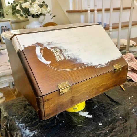 Vintage Breadbox Makeover [Quick & Easy] • Adirondack Girl @ Heart Bread Box Makeover Ideas, Paint Wood Box Ideas, Wood Bread Box Diy, Wooden Box Makeover, Breadbox Repurposed, Bread Box Repurpose, Wooden Box Painting Ideas Easy, Memory Box Ideas Diy Paint, Breadbox Ideas