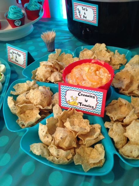 Dr. Seuss Birthday Party Food Ideas  Crummies in Tummies: Buffalo Chicken Dip and Tortillas Cat In The Hat Party Food, Cat In The Hat Centerpiece Ideas, Cat And The Hat Birthday Ideas, Dr Seuss Party Food, One I Am Dr Seuss Birthday Party, Cat In The Hat Birthday Party, Dr Suess Baby Shower Ideas, Dr Seuss First Birthday, Dr Seuss Birthday Party Ideas