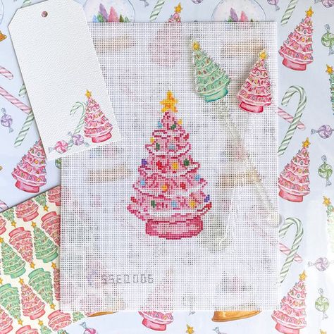 Pink Tree Chinoiserie Christmas, Pink Tree, Cross Stitch Christmas, Needlepoint Christmas, Needlepoint Stitches, Needlepoint Designs, Pink Trees, Vintage Tree, Stitch Christmas