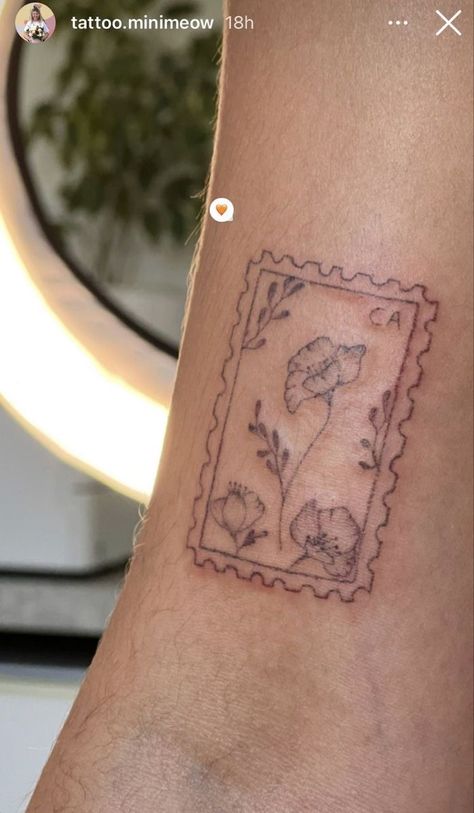 Carrying Your Love With Me Tattoo, Wa State Tattoo, California Poppy Stamp Tattoo, Marigold Stamp Tattoo, Tiny Stamp Tattoo, Finland Tattoo Ideas, Dainty Patchwork Tattoo, Post Stamp Tattoo Ideas, Stamp Tattoo Placement