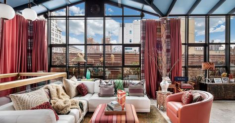 Glass Conservatory, New York Homes, Exposed Brick Walls, Luxury Condo, Greenwich Village, Long Island City, Rooftop Terrace, Red Wallpaper, Large Living Room