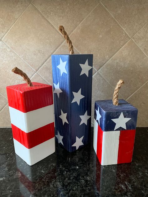 Patriotic Firecrackers | Etsy Fouth Of July Crafts, Wooden Firecrackers, Patriotic Crafts Diy, 4th Of July Crafts, 4th July Crafts, Wood Block Crafts, Fourth Of July Decor, Wooden Posts, Patriotic Crafts