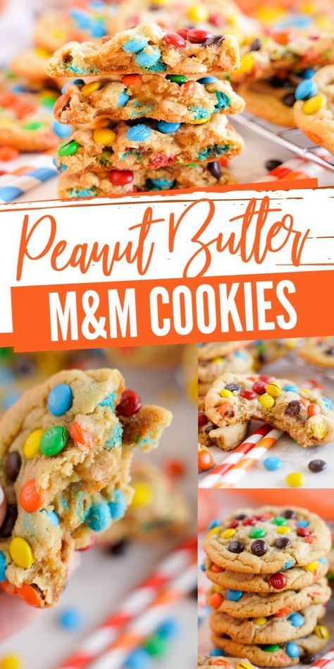 Best Peanut Butter M&M Cookies Recipe - LemonPeony Peanut Butter M M Cookies, Biscuits Recipes, Large Cookies, Crumble Cookies, Amazing Cookies, Cookies From Scratch, M M Cookies, Peanut Butter Oatmeal Cookies, Themed Food