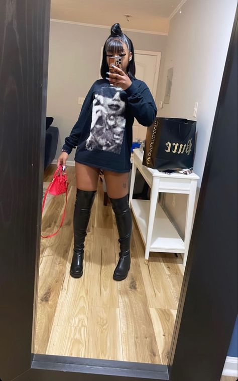 Shirt Dress With Knee High Boots, Thigh High Boots With Jean Shorts, Thigh High Sequin Boots Outfit, Baddie Outfits Boots, Shein Boots Outfit, Black Leather Boots Outfit Black Women, Outfits With Black Thigh High Boots, High Knee Boots Outfit Black Women, Long Sleeve Graphic Tees Outfit Baddie