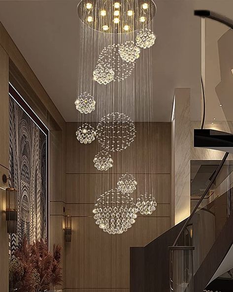 Amazon.com: APBEAMLighting Crystal Raindrop Chandelier Staircase Large Spiral Chandelier Modern Flush Mount Ceiling Light Fixture with 11 Sphere for Hallway Entryway Foyer Lobby D31.5” x H 86.6” : Everything Else Modern Luxury Living Room, Luxury Staircase, Golden Lamps, 2 Story Foyer, Hall Lighting, Chrome Lamp, Geometric Chandelier, Modern Staircase, Spiral Design