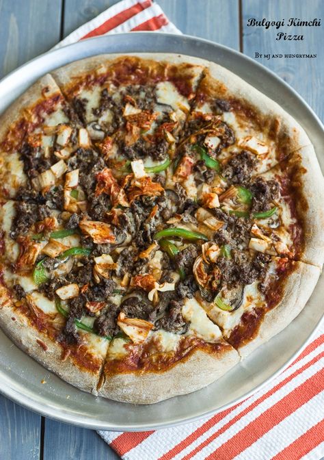 Bulgogi Kimchi Whole Wheat Pizza Asian Pizza Ideas, Bulgogi Pizza, Asian Style Pizza, Kimchi Pizza, Spicy Perogy Pizza, Korean Bulgogi, Wheat Pizza, Wheat Pizza Dough, Whole Wheat Pizza