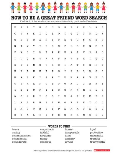 Friendship-Inspired Word Search | Worksheets & Printables | Scholastic | Parents Worksheets About Friendship, Friendship Puzzle Activity, Friendship Worksheets For Kids, Friendship Word Search, Friendship Activities For Kids, Books About Friendship, Friendship Printables, Friendship Words, Tracing Worksheets Free