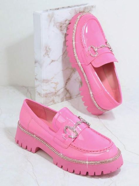 Funky Fashion, Pink Aesthetic, Shoe Game, Aesthetic Clothes, Pu Leather, Hot Pink, Heel Height, Loafers, Slip On