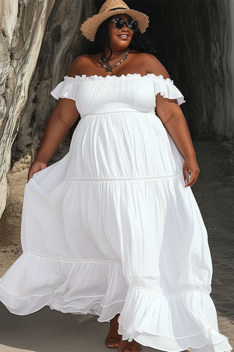 Xpluswear Italy Vacation Outfits Plus Size, Plus Size Vacation Outfits, Vacation Outfits Plus Size, White Maxi Dress Outfit, 30th Birthday Outfit, Summer Birthday Outfits, All White Party Outfits, Fair Costume, Plus Size Beach Outfits