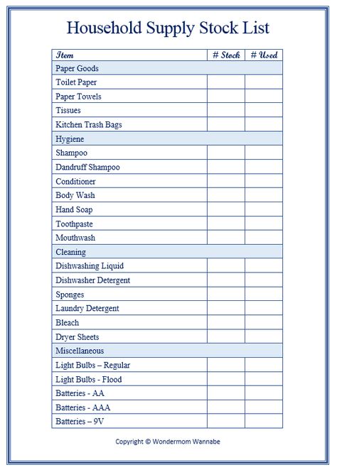 Printable Household Supply List Diy Storage And Organization, Household Inventory List, Household Budgeting, Free Family Printables, Supply Closet, Putz Hacks, Cleaning Supplies List, Family Printables, Stock List