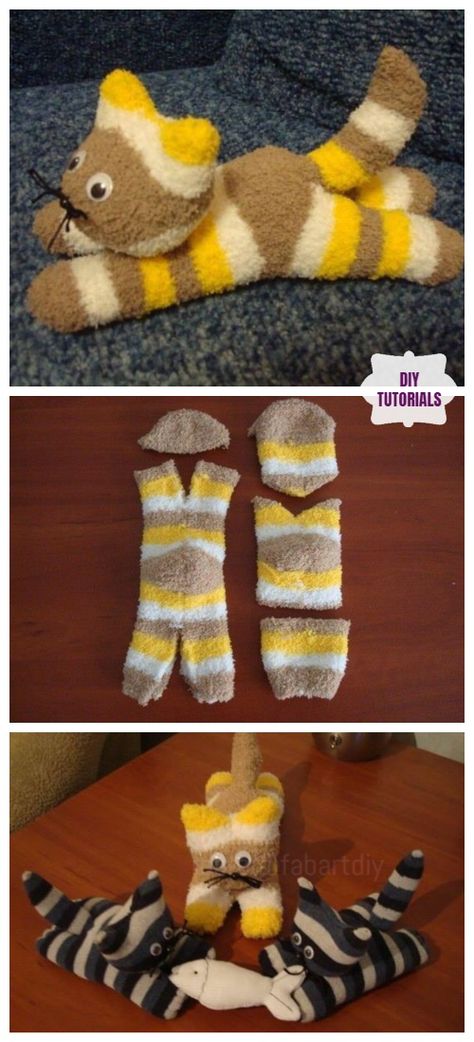 DIY Sock Kittens Tutorial - Free Sewing Pattern & Video Sock Kitten, Sock Animals Diy, Diy Sock Toys, Sock Animals Patterns, Plushies Diy, Sock Dolls, Sock Doll, Sock Toys, Diy Socks