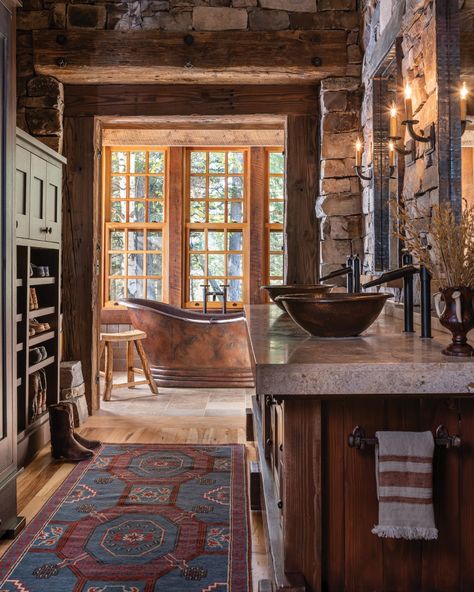 Blackfoot Canyon Ranch - Big Sky Journal Big Sky Interior Design, Modern Rustic Cabin, Master Bath Suite, Sky Journal, Canyon Ranch, Reclaimed Doors, Hunting Camp, Primary Bathroom, Interior Wall Paint