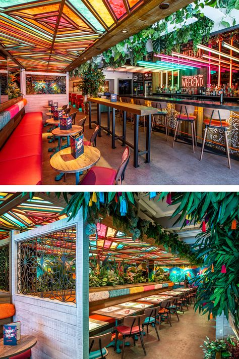 Tropical interior design restaurant. Tropical restaurant with funky planting, Rainforest vibes. Tropical planting for restaurant. Fixed seating, neons, bar stools, neon lighting tubes. Rainbow lighting. LED lighting. Colourful and memorable. Instagrammable bar restaurant. Mexican Restaurant Lighting, Different Restaurants Ideas, Latin Bar Design, Colourful Restaurant Design, Rainbow Restaurant, Restobar Interior Design, Restaurant Cafe Interior Design, Fun Restaurant, Tropical Bar Decor