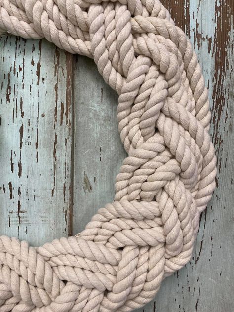 DIY Braided Nautical Rope Wreath - The Shabby Tree Coastal Rope Wreath, Coastal Rope Decor, Coastal Wreath Diy, Nautical Rope Art, Beach Themed Wreaths Diy, Diy Nautical Wreath, Rope Crafts Diy How To Make, Shell Wreath Diy Seashells, Nautical Rope Decor Diy