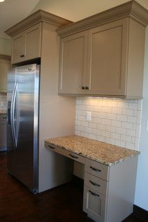 Tan painted cabinets with granite tops and subway tile. Tan Painted Cabinets, Tan Kitchen Cabinets, Taupe Kitchen Cabinets, Beige Kitchen Cabinets, Tan Kitchen, Taupe Kitchen, Painted Cabinets, Beige Kitchen, Up House