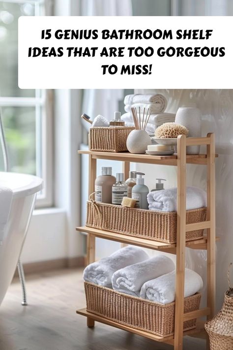 Maximize your bathroom space with style! 🛁✨ These 15 genius bathroom shelf ideas add both storage and beauty. Perfect for keeping your essentials organized and chic! #BathroomShelf #StorageIdeas #HomeDecor Bathroom Bookshelf Storage, Bathroom Bookshelf, Bathroom Shelf Ideas, Bathroom Storage Hacks, Clear Bins, Bath Shelf, Industrial Pipe Shelves, Colorful Storage, Crate Shelves