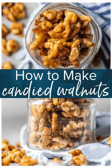 These Easy Candied Walnuts are awesome for holiday appetizers, baking, snacking, and so much more. Made in under 5 minutes and oh so tasty! #walnuts #snacks #christmas #holiday via @beckygallhardin Glazed Walnuts Recipe, Garrets Popcorn, Candied Walnuts Recipe, Candied Walnut Recipe, Snacks Christmas, Seasoned Nuts, Caramelized Walnuts, Salad Topping, Glazed Walnuts