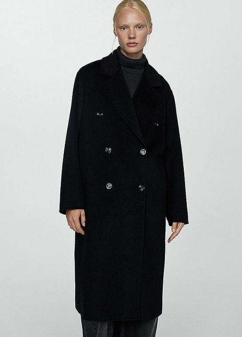 Mango Picarol Black Tailored Coat | Freemans Long Black Coat Outfit, Black Coat Outfit, Long Wool Coat Women, Mango Coats, Oversized Wool Coat, Long Black Coat, Black Winter Coat, Tailored Coat, Wool Coat Women