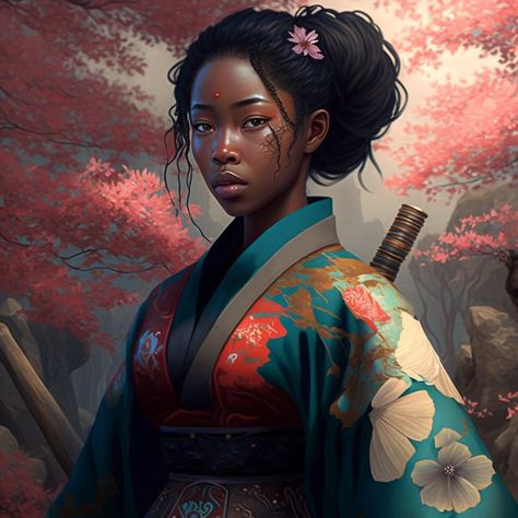 Black Female Samurai, Black Geisha, Fantasy Genre, Female Samurai, Africa People, Oc Inspo, Afrocentric Art, African People, Fantasy Book