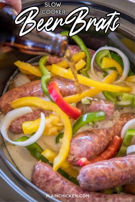 Slow Cooker Beer Brats - perfect tailgating food! Just toss everything in the slow cooker and let it work its magic. Can serve out of the slow cooker too! SO easy and the brats taste amazing!! Brats, beer, onion, bell peppers, salt, pepper, Worcestershire and garlic. A real crowd pleaser! #crockpot #slowcooker #hotdogs #gameday Bratwurst Recipes Crockpot, Brats In Crockpot, Beer Brats Recipe, Brats Recipes, Tailgating Food, Bratwurst Recipes, Beer Brats, Tailgating Recipes, Tailgate Food