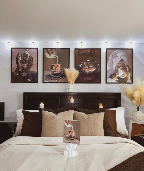 Apartment Decorating Aesthetic Bedroom, Different Shades Of Brown Room Decor, Black Art Room Aesthetic, Urban Home Decor Ideas, Black Art Home Decor, Black Wall Art Bedroom, Black Women Bedroom Ideas, Brown And Gold Bedroom Ideas, Apartment Room Decorating Bedrooms