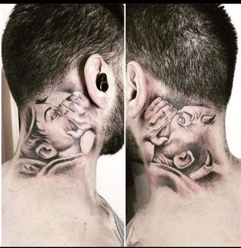 Cool Head Tattoos Men, Angels Neck Tattoo, Angle And Demon Tattoo For Men, Mens Back Of Head Tattoo, Angel Behind Ear Tattoo Men, Demonic Neck Tattoos, Horror Neck Tattoo Men, Angel And Demon Neck Tattoo, Angel And Demon Tattoo Design