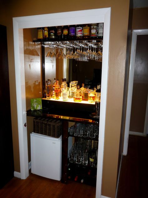 Bar Closet DIY: A few choice lighting elements will elevate your bar closet Closet To Bar Conversion, Liquor Closet, Closet Bar Ideas, Bar Closet, Basement Closet, Closet Diy, Closet Bar, Diy Home Bar, House Of Turquoise