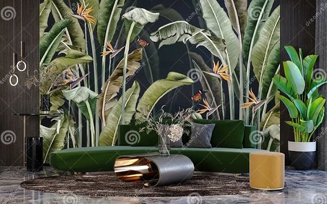 Modern interior design with tropical banana tree wallpaper on black background for living room. Banana Tree Wallpaper, Tropical Interior Design, Tropical Interior, Banana Tree, Tree Wallpaper, Light Background, Lights Background, Living Room Lighting, Modern Interior Design